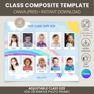 May include: A class composite template with space for student photos, featuring a rainbow and cloud design. The template includes the text "Class Composite Template" and "Canva (Free) • Instant Download." It offers two sizes: 50.8 x 40.6 cm and 25.4 x 20.3 cm.
