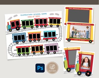 School Class Photo Collage Template: Train Design (Photoshop PSD)