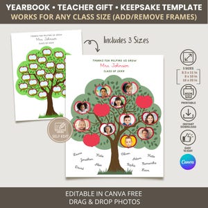 Könnte beinhalten: Ein druckbares Lehrergeschenk mit einem Baumdesign und roten apfelförmigen Rahmen für Schülerfotos. Der Text lautet „Danke, dass Sie uns beim Wachsen geholfen haben, Frau Johnson, Klasse 20XX“. Enthält 3 Größen: 21,6 x 27,9 cm, 20,3 x 25,4 cm und 40,6 x 50,8 cm.