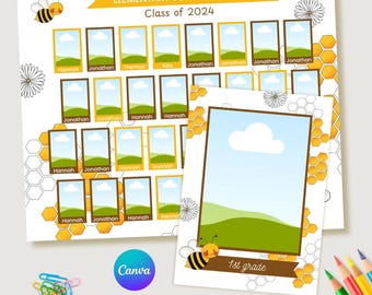 School Class Photo Collage Template: Bee Theme, Canva (10x8, 5x7 inches)