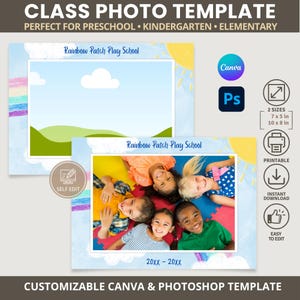 以下が含まれることがあります： 青い空と緑の風景の背景を持つクラス写真テンプレート。「Rainbow Patch Play School」のテキストが表示されます。テンプレートは、17.78 x 12.7 cmと25.4 x 20.32 cmの2つのサイズで利用できます。テンプレートはCanvaとPhotoshopでカスタマイズ可能です。
