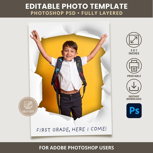 Modello di foto per diploma scolastico con effetto carta strappata in Photoshop PSD, sovrapposizione fotografica per bambini in età prescolare e dell'asilo, accessorio per ritratti scolastici modificabile