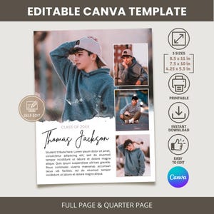 Op de afbeelding: Een afstudeeraankondigingssjabloon met een fotocollage. Het ontwerp bevat een hoofdfoto van een persoon in een grijze hoodie en baseballpet, met kleinere foto's. Tekst bevat "Thomas Jackson" en "Klasse van 20XX". De sjabloon is bewerkbaar in Canva.