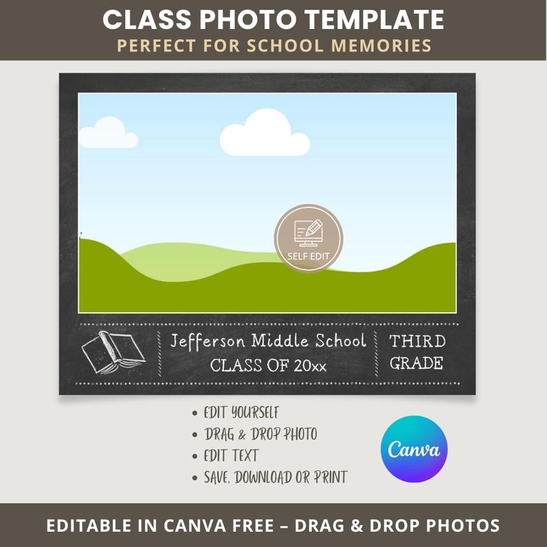 May include: A digital class photo template with a chalkboard-style design. The template includes space for a photo, text fields, and the Canva logo. Text on the template reads "Class Photo Template" and "Editable in Canva Free - Drag & Drop Photos."