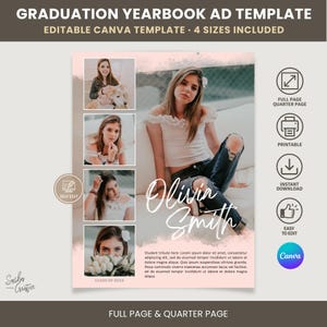 May include: A graduation yearbook ad template featuring a collage of four photos of a young person, a large central image, and placeholder text. The design includes the name Olivia Smith in white script, a soft pink background, and four circular icons.
