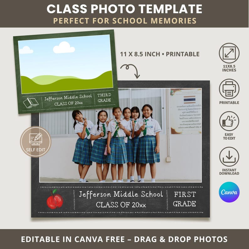 May include: A class photo template with the text "CLASS PHOTO TEMPLATE PERFECT FOR SCHOOL MEMORIES". The template includes space for a photo, with text that reads "Jefferson Middle School CLASS OF 20xx THIRD GRADE". The template is 11 x 8.5 inches and printable.