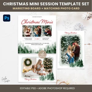 May include: A Christmas mini session template set for Adobe Photoshop, featuring a marketing board and a matching photo card. The designs include watercolor-style pine tree graphics, red text, and placeholders for family photography images.
