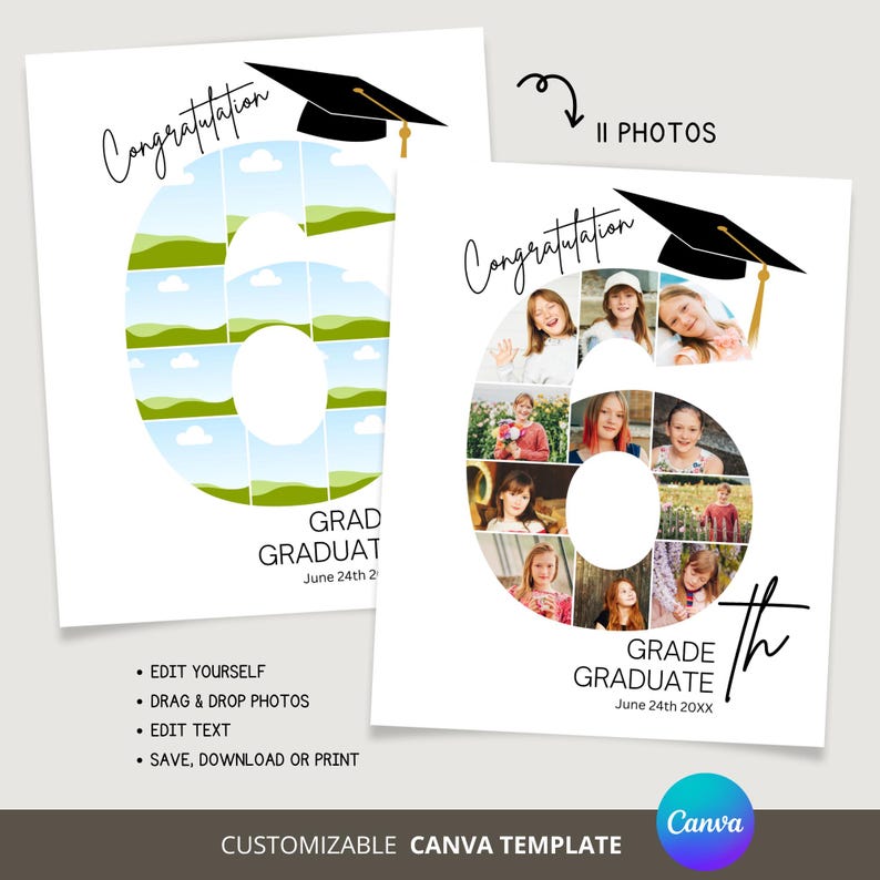 Sixth Grade Graduation Photo Collage Poster: Editable Canva Template ...