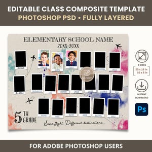 Könnte beinhalten: Bearbeitbare Klassenkompositvorlage für Adobe Photoshop-Benutzer. Das Design enthält Bereiche für Schülerfotos, Schulnamen und Klassenstufe. Bietet zwei Größenoptionen: 20 x 16 Zoll und 10 x 8 Zoll. Die Vorlage ist vollständig geschichtet und sofort herunterladbar.