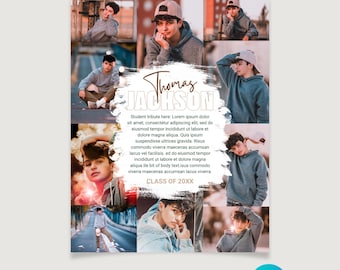 May include: A customizable Canva template for a graduation tribute, featuring multiple photos of a young person in a gray hoodie and baseball cap. The design includes the name "Thomas Jackson" and the text "Class of 20XX."