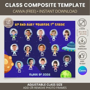 以下が含まれることがあります： 「UP AND AWAY TOWARDS 1ST GRADE」と「CLASS OF 2026」のテキストが入ったクラス合成テンプレート。宇宙飛行士の衣装を着た子供たち、惑星、UFOがデザインされています。テンプレートは2つのサイズで利用できます：50.8 x 40.6 cmと25.4 x 20.3 cm。