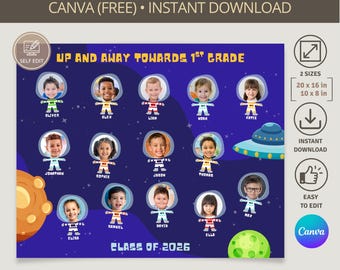 Plantilla editable de Canva para composición de fotos de clase con temática de astronautas espaciales / Plantilla de fotos para clases de preescolar y jardín de infancia / Collage de fotos para profesores