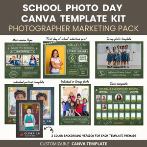 Peut inclure: Kit de modèles Canva pour la journée photo scolaire, comprenant des modèles pour les mini-sessions, les impressions du premier jour, les photos de groupe, les portraits individuels et les compositions de classe. Modèles personnalisables.