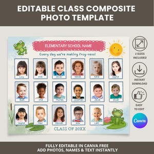 May include: A school class photo template with a frog theme, featuring spaces for student photos and names. The design includes the text "Every day we're making frog-ress!" and "Class of 20XX".