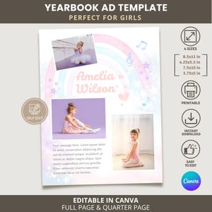 Puede incluir: Plantilla de anuncio de anuario con un diseño de arcoíris en acuarela, con fotos de una niña en atuendo de ballet. La plantilla incluye el texto "Amelia Wilson" y está disponible en cuatro tamaños: 21,6x27,9 cm, 10,8x14 cm, 19x25,4 cm y 9,5x12,7 cm.
