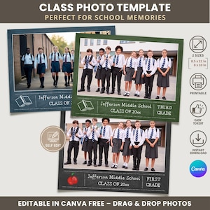 Puede incluir: Un conjunto de plantillas digitales para fotos de clase con tres marcos distintos con bordes estilo pizarra. Cada marco incluye espacio para una foto grupal, campos de texto para el nombre de la escuela, año y grado, e iconos de dos tamaños.