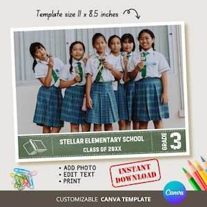Puede incluir: Una plantilla personalizable de Canva con una foto escolar de seis estudiantes uniformados. La plantilla incluye el texto "Stellar Elementary School, Clase de 20XX, Grado 3". El tamaño de la plantilla es de 28 x 21,6 cm.