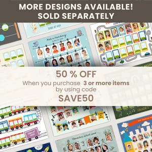 May include: A collection of colorful classroom decor featuring student photos and class information. The designs include a train, a road, and a space theme. Text includes "Class of 20XX", "Add a heading", and "Elementary school name".