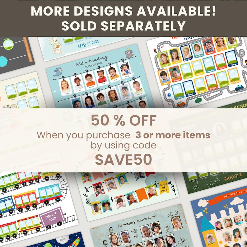 May include: A collection of colorful classroom decor featuring student photos and class information. The designs include a train, a road, and a space theme. Text includes "Class of 20XX", "Add a heading", and "Elementary school name".