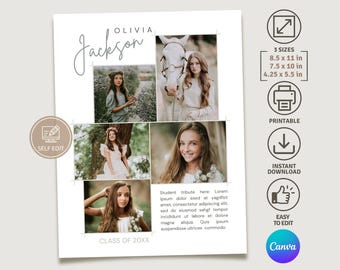 May include: White Canva template with photos of a young person and a horse. Text includes "Olivia Jackson", "Class of 20XX", and "Editable Canva Template". Features include "3 Sizes", "Printable", and "Instant Download".
