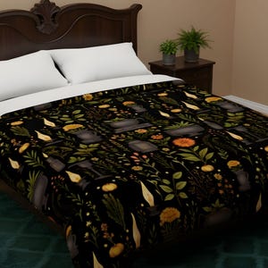 Housse de couette Whimsigoth, literie gothique en satin de coton noir | Grimoire aux herbes – Durazza