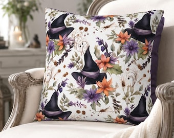 Halloween Witchy Throw Pillow Cover, Matte Polyester 18x18 or 20x20 | Floral Watercolor Hat - Durazza