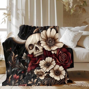 Floral Skull Throw Blanket with Roses and Moon: Sherpa or Velveteen Plush for Gothic Boho Home Decor, Red Goth Bedrooms | Twilight Vines