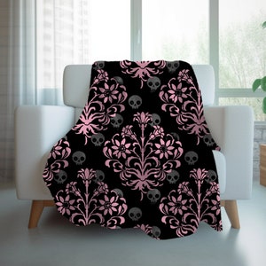 Pastel Gothic Damask Skulls Velveteen or Sherpa Throw Blanket, Luxuriously Dark Home Decor for Cozy Nights, Romantic Goth Style