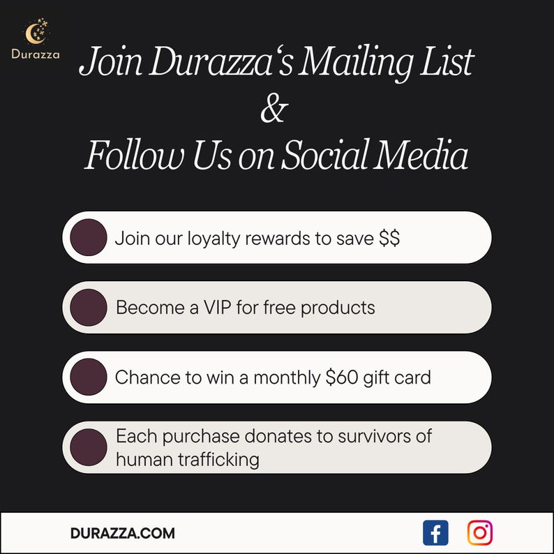 Info card showing you how to sign up for Durazza's mailing list and social media.