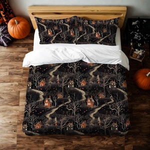 Witches Woodland Duvet Cover or Pillow Shams in Twin Queen or King, Witchy Cottagecore Bedroom Decor and Halloween or Autumn Blanket