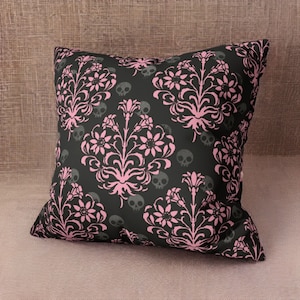 Pastel Gothic Damask Skulls Decorative Pillow in Faux Suede, Dark Throw Pillow Cover for Romantic Goth Home Decor Elegant Cushion Cover