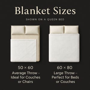 Queen sized bed with a 50x60 and a 60x80 throw showing difference in sizes.