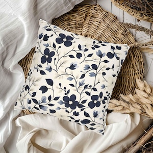 Elegant Floral Throw Pillow – Navy and Beige Botanical Bedroom or Vintage and Bohemian Home Decor | Navy Bloomscape by Durazza