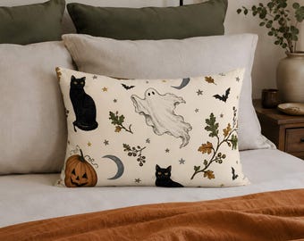 Halloween Cotton Pillow Sham, Black Cats & Ghosts, Standard or King | Moonrise Drift - Durazza