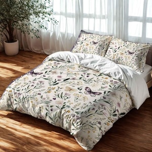 Boho Floral Duvet Cover - Soft Botanicals with Butterflies, Dreamy Cottagecore Bedroom Decor, Wildflower Bedding | Meadow Wings by Durazza