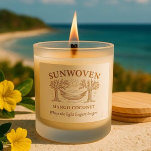 Tropical Cream Candle – Wooden Wick Soy Wax Candle, Mango Coconut Scented Summer Gift, Neutral Bohemian Bedroom Decor | Sunwoven by Durazza
