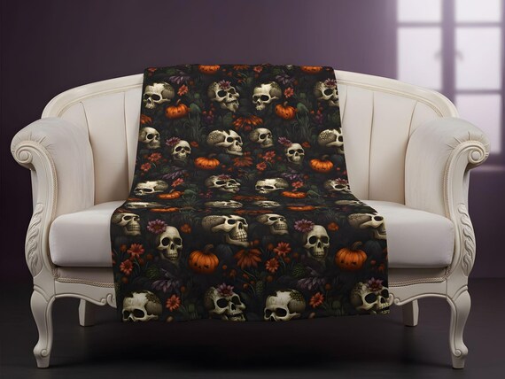Halloween Floral Skull Throw Blanket, Purple Orange Velveteen 50x60 60x80 | Dead Harvest - Durazza