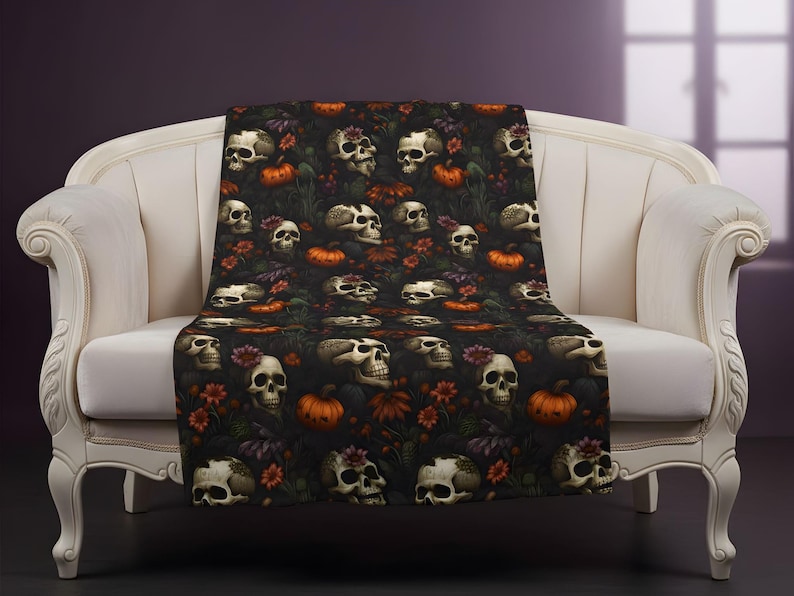 Halloween Skull throw blanket draped over a gothic chair.