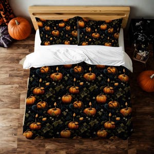 Mystic Pumpkin Patch Duvet Cover or Pillow Shams in Twin, Queen, and King, Microfiber Gothic Bedding, Halloween Decor, Autumn Bed Cover