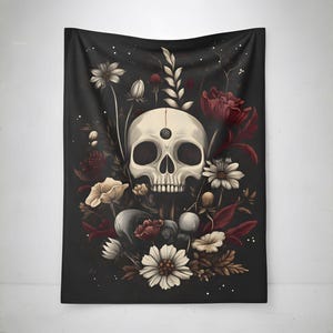Gothic Floral Decke, Schwarz Burgund Samt 50x60 60x80 | Blühender Totenkopf - Durazza