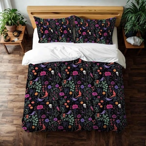 Eerie Wildflower Duvet Cover or Pillow Shams in Twin, Queen, and King, Floral Goth Bed Cover, Gothic Bedding, Flower Home Decor