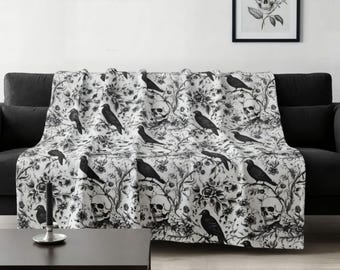 Victorian Gothic Raven Throw Blanket, Black Grey Velveteen Sherpa 50x60 60x80 | Raven Skull - Durazza