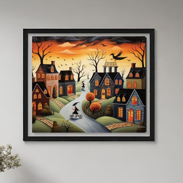 Witchy Bicycle Ride Wall Art Print: Witches in Suburbia Dusk Folk Art Fantasy Wall Decor, Suburban Bike Ride Folk Art, Halloween Poster