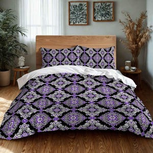 Purple & White Damask Duvet Cover Set: Soft Microfiber Gothic Bedding with Pillow Shams, Luxury Bedroom Decor for Her - Midnight Majesty