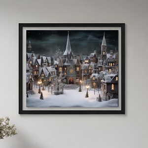 Gothic Religious Christmas Village Satin Art Print: Victorian Gothic Architecture, Ornate Winter Village Scene, Eerie Holiday Art