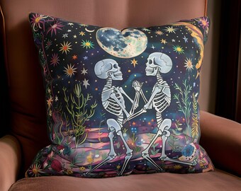 Celestial Skeleton Couple Throw Pillow, Neon Floral Moon, Gothic Home Decor