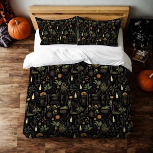 Witchy Duvet Cover: Mystical Floral Print, Gothic Home Decor, Herbal Grimoire Aesthetic, Cozy Bedding for Dark Cottagecore | Herbal Grimoire