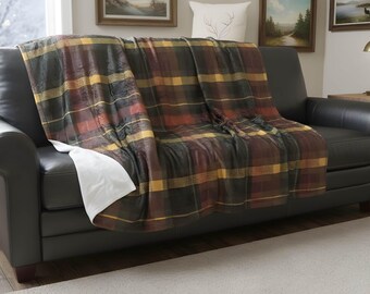 Rustic Plaid Throw Blanket, Green Burgundy Gold Velveteen Sherpa 60x80 | Cabin Check - Durazza