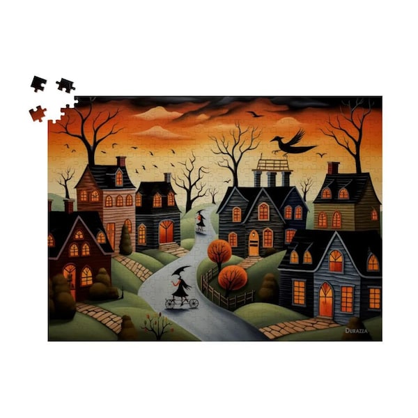 Witchy Bicycle Ride Wooden Jigsaw Puzzle 500 / 1000 piece: Witches in Suburbia, Bike Riding in the Suburbs Folk Art Game, Halloween Puzzle