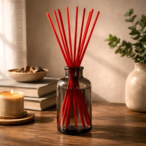 May include: A clear glass diffuser bottle filled with liquid and red reeds. A lit candle, a small bowl, and a vase with greenery are also on the wooden surface. The scene is lit by natural light, creating a warm and inviting ambiance.